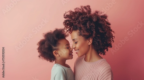 Happy African american mother and daughter looking at each other on pink background. Mother's day