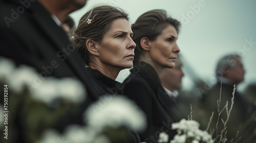 Une femme triste lors d'un enterrement. photo
