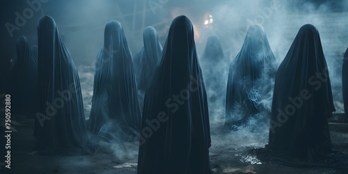 Mysterious gathering veiled figures in hoods participate in esoteric ritual. Concept Mysterious Gathering, Veiled Figures, Hoods, Esoteric Ritual, Occultism