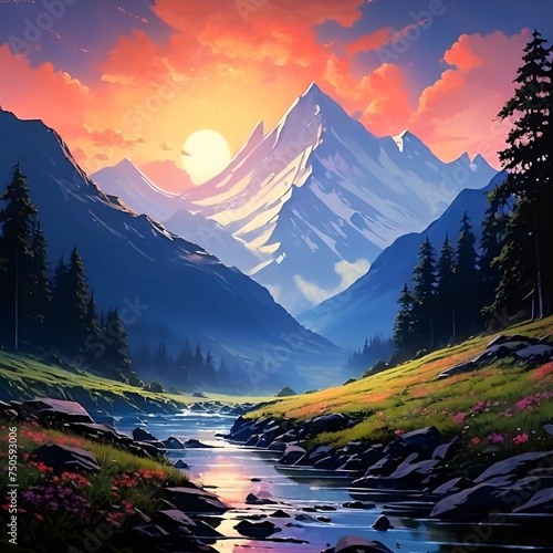 Sunset over the mountains with red clouds nature best beautiful art desig.