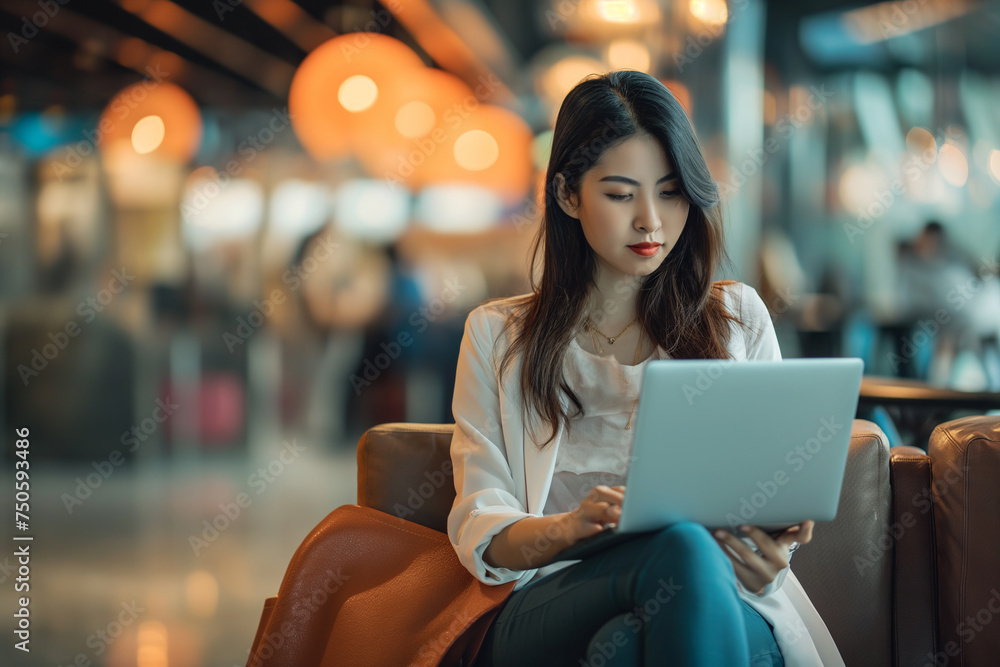 A business traveler sits comfortably in a quiet corner of a bustling airport lounge for working A business traveler sits comfortably in a quiet corner of a bustling airport lounge for working