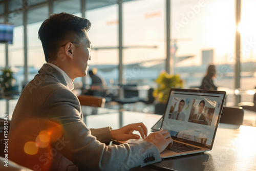 A business traveler sits comfortably in a quiet corner of a bustling airport lounge for working
