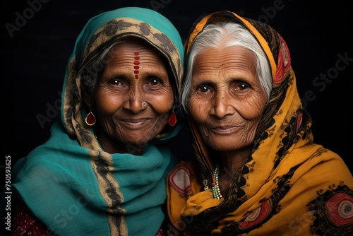 Portrait of two elderly Indian women in national clothes posing for the camera. Indian family
