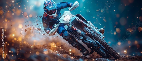 Abstract 3D illustration of a jumping motocross rider on blue. Motocross freestyle. Dots, lines, and stars. photo