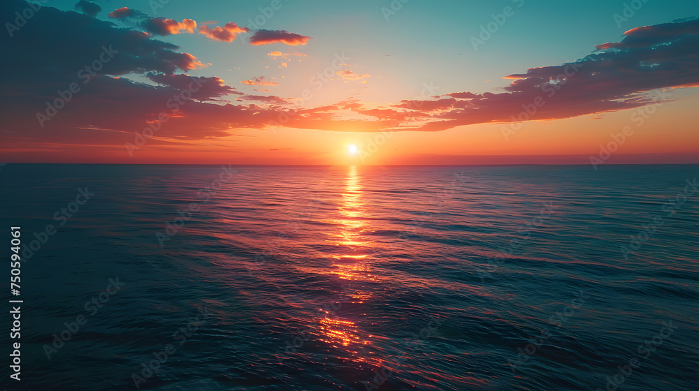 A photo featuring the glorious sunrise over the tranquil waters of the ocean captured from an aerial perspective with a drone. Highlighting the vibrant colors of the dawn sky and the gentle ripples of