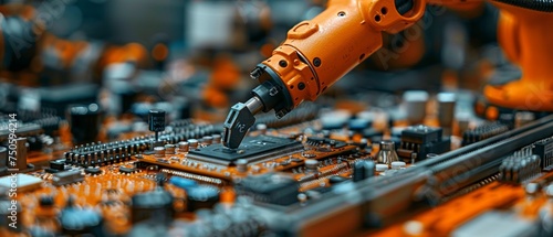 Robotic arms on assembly lines manufacturing circuit boards with chips, CPUs, and electronic components. Electronics manufacturing technology. Robotic arm or manipulator on a factory floor. photo