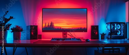 Dark luminous case of gaming PC with empty monitor, keyboard on the desk. Neon light of gaming PC. Desktop computer with blank screen. RGB lighting gaming rig. photo