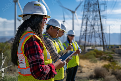 group of engineers surrounded by the towering presence of transmission towers and wind turbines.