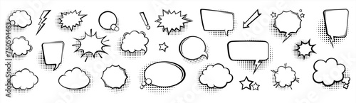Collection of empty comic speech bubbles with halftone shadows. Hand drawn retro cartoon stickers. Pop art style. Vector 10 eps.