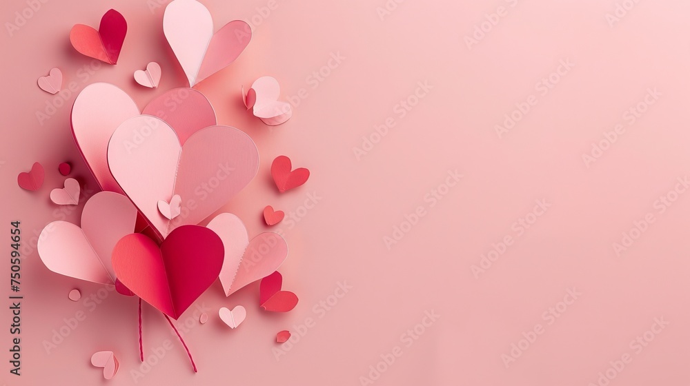 Card featuring paper cut hearts on a pink background for Valentine's Day.