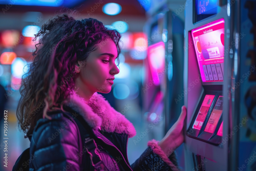 Naklejka premium Woman pay with cellphone by NFC on ticketing system