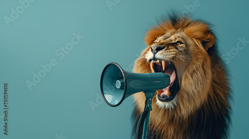 Lion roaring on a megaphone. copy space. generative ai