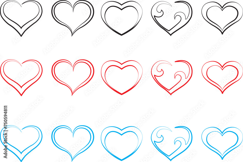 Hearts icon vector bundle collection, Love symbol vector, Heart vector icon, Valentine's Day sign, linear icon Free Vector,