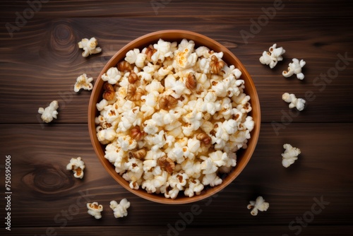 Top view of popcorn kernels popping in frying pan on wooden table with copy space