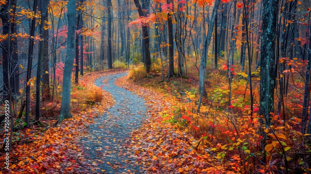 Vibrant Autumn Forest Path with Colorful Foliage and Fallen Leaves - Scenic Nature Landscape for Tranquil Wall Art and Backgrounds