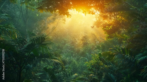 Enchanting Tropical Rainforest Canopy with Sunbeam Illuminating Lush Greenery and Misty Atmosphere