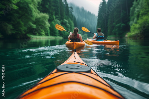 small group of Asia Pacific travelers is captured enjoying a serene kayak session. The calm waters mirror the sky