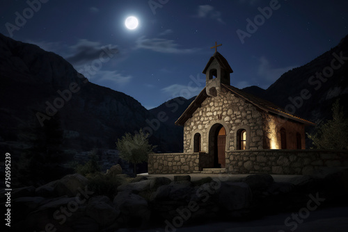 a tranquil night scene with a stone church under a bright moon, nestled amidst towering mountains, ai generative