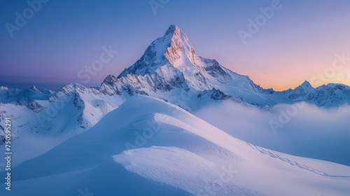 Majestic Snow-Covered Mountain Peak at Sunrise with Clear Blue Sky and Mist in Tranquil Nature Landscape