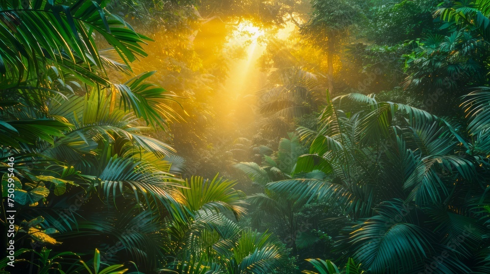 Majestic Sunrise Peeking Through the Dense Tropical Rainforest Canopy with Lush Greenery Majestic Sunrise Peeking Through the Dense Tropical Rainforest Canopy with Lush Greenery