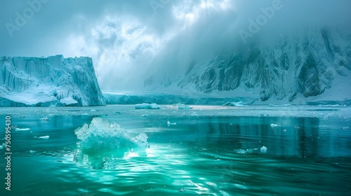 Majestic Polar Landscape with Icebergs and Glacial Cliffs Under Ethereal Sky