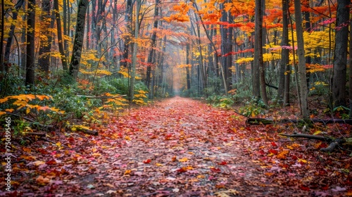 Vibrant Autumn Forest Pathway With Colorful Fallen Leaves and Majestic Trees - Seasonal Landscape Photo © pisan