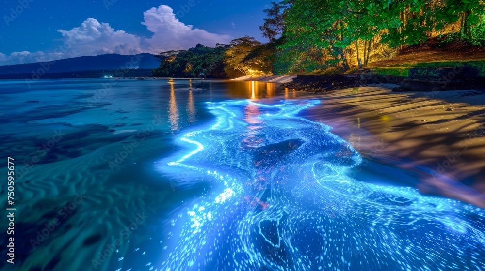 Glowing Bioluminescent Waves Lapping on Tropical Beach at Dusk with Forest Illumination