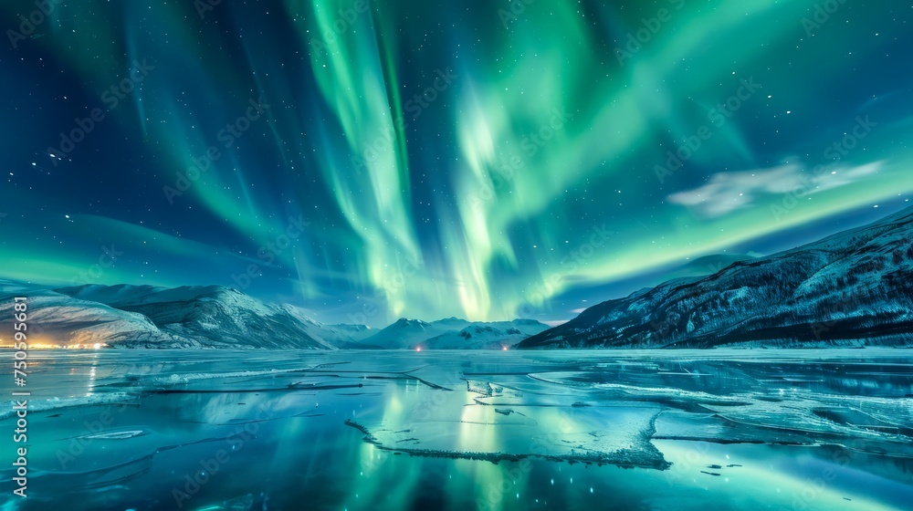 Majestic Aurora Borealis Display Over Snow Covered Mountains and Icy Lake with Vibrant Green Northern Lights in Starry Night Sky