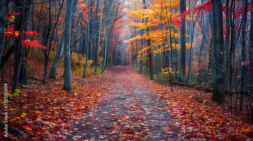 Enchanting Autumn Forest Pathway with Vibrant Fall Leaves and Misty Atmosphere