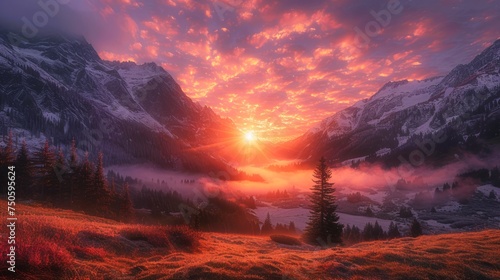 Majestic Sunrise over Misty Mountain Valley with Vibrant Sky and Rugged Peaks
