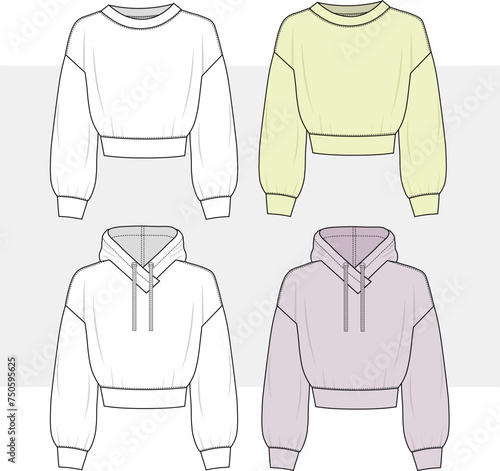 Unisex V-neck - round neck long sleeve Hoodie sweatshirt set design fashion flat sketch template, fashion drawing. Crop Jumper- Jumper technical fashion illustration. 