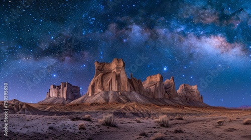 Majestic Night Sky Full of Stars Over Desert Rock Formations Landscape - Scenic Nature Beauty at Nighttime with Clear Milky Way photo