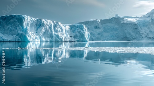 Majestic Iceberg Reflection on Calm Arctic Waters under a Clear Blue Sky © pisan