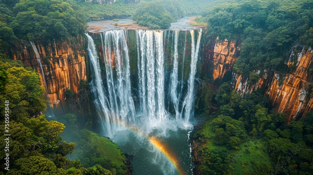 Naklejka premium Majestic Waterfall with Lush Greenery and Rainbow in Tropical Forest, Aerial View Scenic Nature Landscape