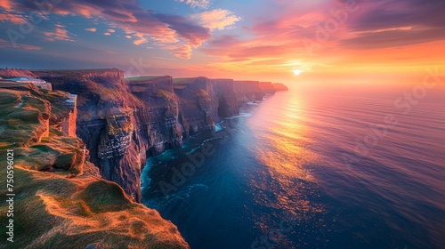 Breathtaking Sunset Over Scenic Cliffs by the Ocean with Vibrant Sky and Rolling Waves