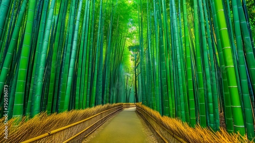 Enchanting Bamboo Forest Pathway Surrounded by Tall Green Bamboo Stalks under Bright Daylight