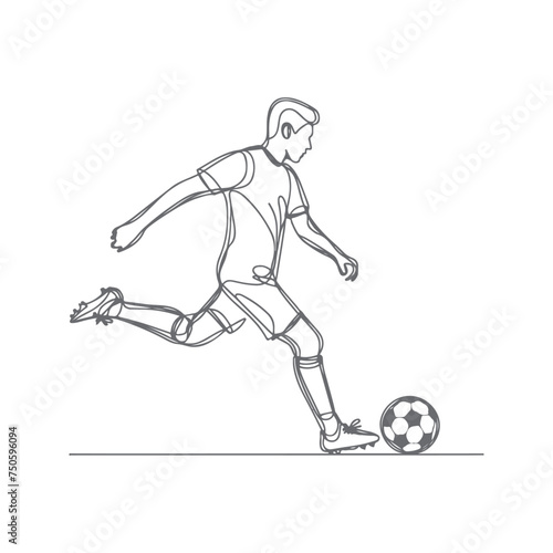 A single continuous line art vector illustration design of a boy playing football. Minimalist soccer playing concept.