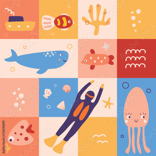 Cute bright seamless pattern with funny sea animals, scuba diver and boat