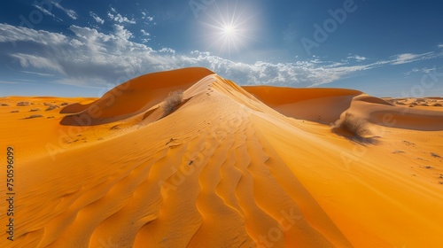 Breathtaking Desert Landscape Under Brilliant Sun with Vibrant Blue Sky and Golden Sand Dunes