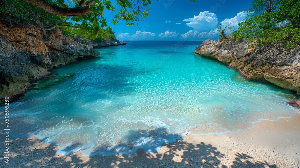 Tropical Paradise Beach with Crystal Clear Blue Waters, White Sands and Lush Green Foliage under a Bright Blue Sky with Fluffy Clouds