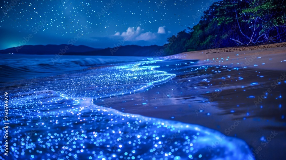 Bioluminescent Waves on Tropical Beach at Night under Starlit Sky, Magical Marine Phenomenon, Natural Glowing Ocean, Ethereal Seascape