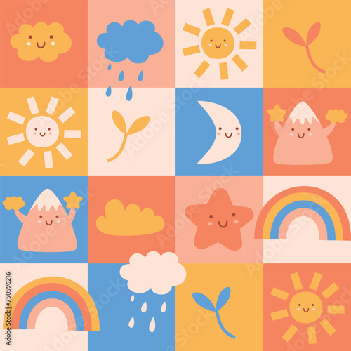 right seamless pattern in squares of elements of nature, weather, mountains