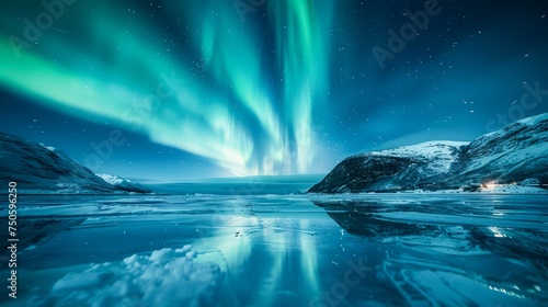 Majestic Northern Lights Display Over Serene Snowy Landscape with Reflective Frozen Lake