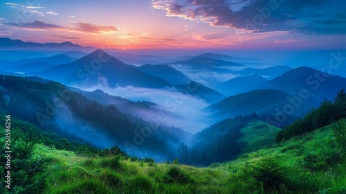 Breathtaking Sunrise Over Misty Mountains with Lush Greenery and Vivid Blue Skies