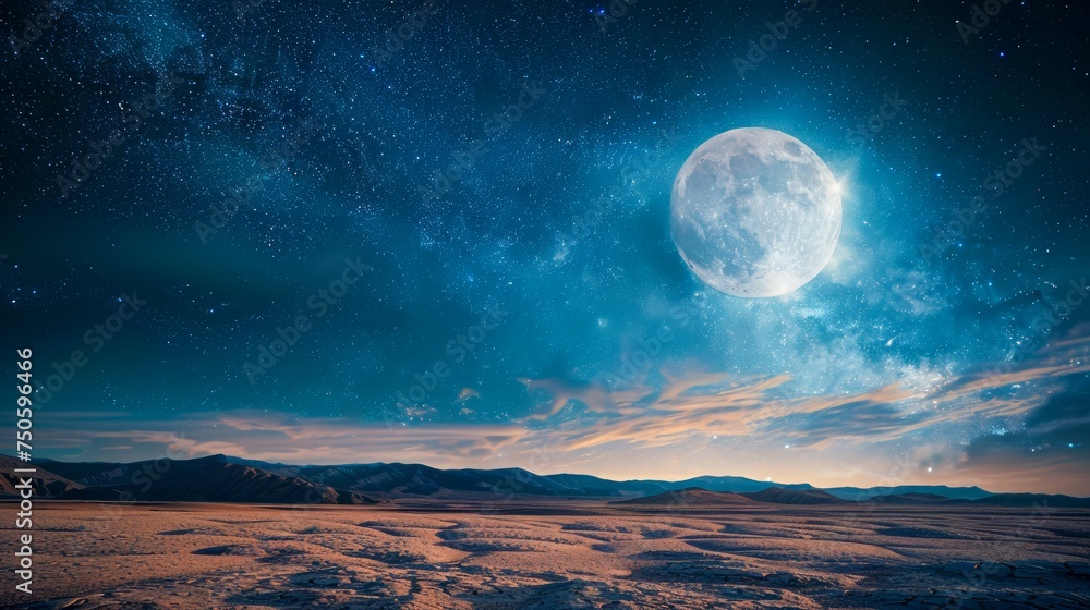Majestic Full Moon Over Desert Landscape Under Starry Night Sky - High Resolution Astrophotography Scenic View