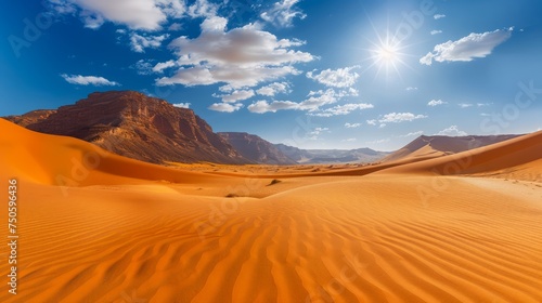 Majestic Desert Landscape with Vibrant Orange Sand Dunes under a Clear Blue Sky and Blazing Sun