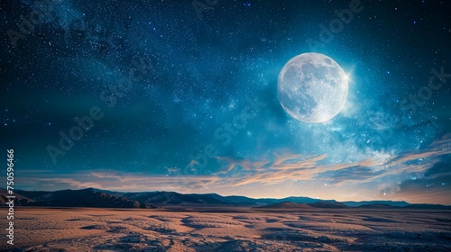Majestic Full Moon Over Desert Landscape Under Starry Night Sky - High Resolution Astrophotography Scenic View © pisan