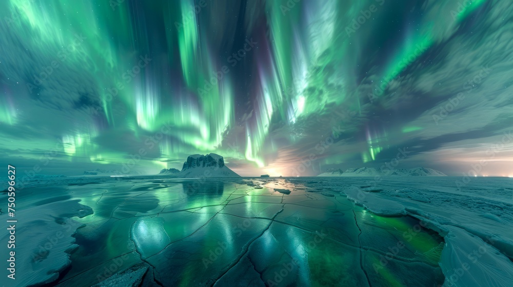 Majestic Northern Lights Aurora Borealis Dancing Over Glacial Landscape at Night with Starry Sky