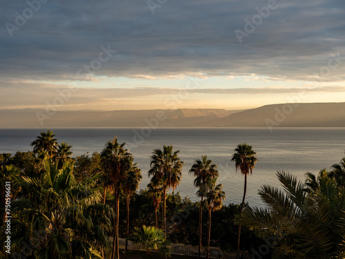 sunset on the beach, View of the sea of Galilee (Kineret lake), Israel . © samsusam