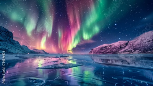 Majestic Northern Lights Aurora Borealis Over Frozen Landscape with Starry Sky Reflection on Ice